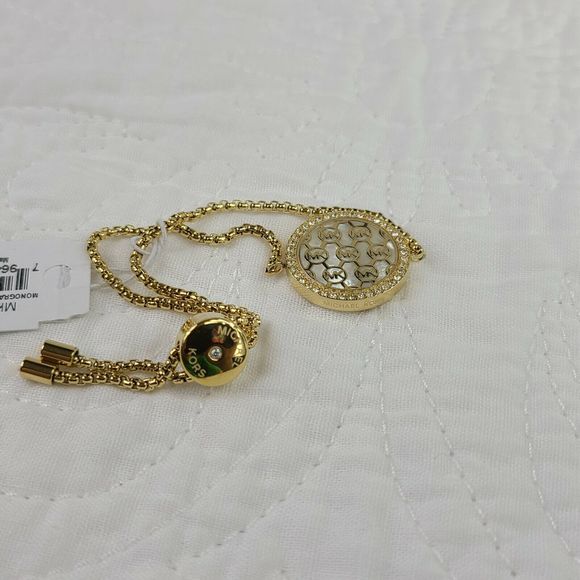 Michael Kors monogram logo circle pave cuban chain yellow gold slider bracelet - Picture 7 of 7